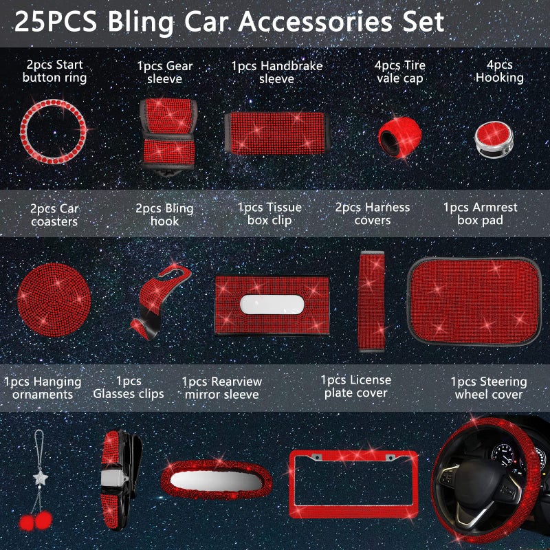 JINGSEN 25PCS Bling Car Parts Set  Car Parts Set Female Plug Universal 15 Inch  Shiny License Plate Frame  Center Console Cover and Rearview Mirror Set and Other Car Accessories(Red) - Image 2